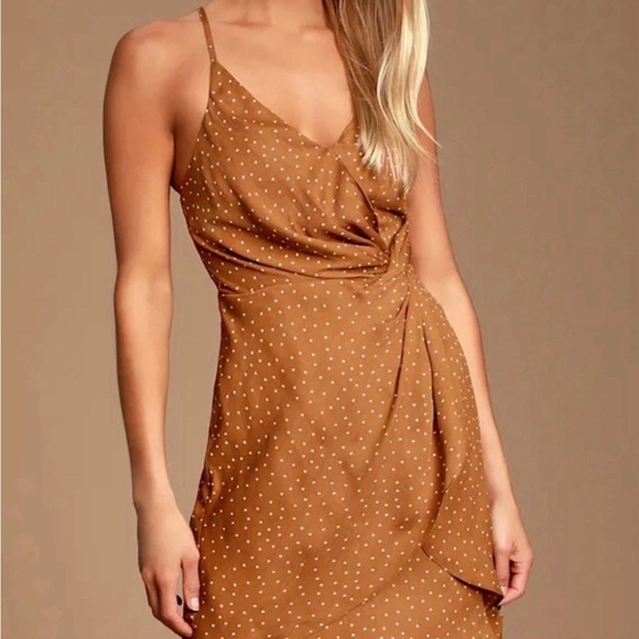 Lulus Dresses & Skirts - Lulus Missy Rust Orange Polka Dot Satin Knotted Front Mini Dress Womens S Boho